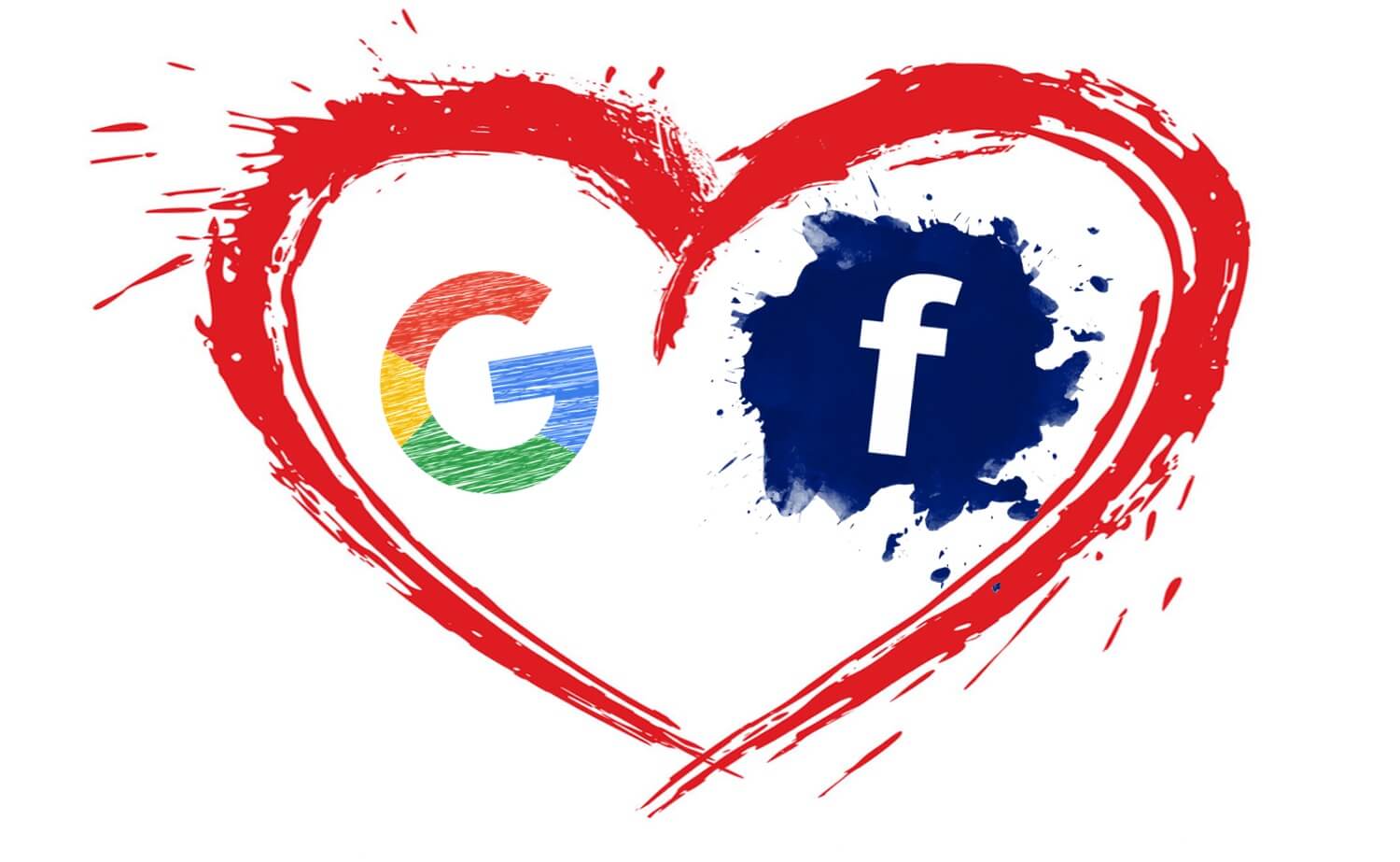 Google logo and Facebook logo in a red heart